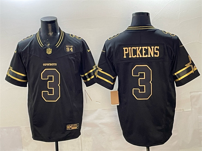 Men's Dallas Cowboys #3 George pickens Black Gold 2025 F.U.S.E. 94 Marshawn Kneeland Memorial Patch Vapor Limited Stitched Football Jersey