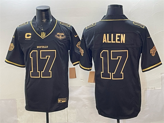Men's Buffalo Bills #17 Josh Allen Black Gold 2025 F.U.S.E. “Rivalries” With Farewell Patch & 4-Star C Patch Vapor Limited Stitched Football Jersey