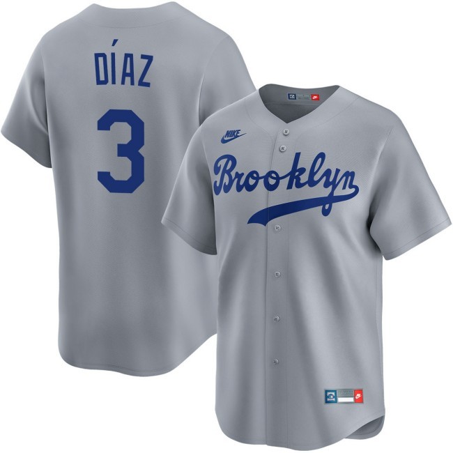 Men's Los Angeles Dodgers #3 Edwin Diaz Grey Cooperstown Brooklyn Road Stitched Baseball Jersey