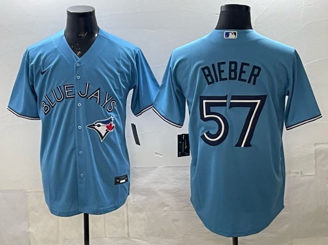 Men's Toronto Blue Jays #57 Shane Bieber Light Blue Cool Base Stitched Baseball Jersey