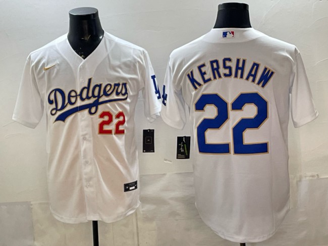 Men's Los Angeles Dodgers #22 Clayton Kershaw White Gold Stitched Baseball Jersey