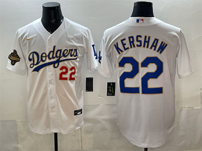 Men's Los Angeles Dodgers #22 Clayton Kershaw White Gold 2025 World Series Champions Patch Stitched Baseball Jersey