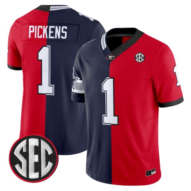 Men's Dallas Cowboys Split Georgia Bulldogs #1 George Pickens Navy Red F.U.S.E. Vapor Limited Stitched Jersey