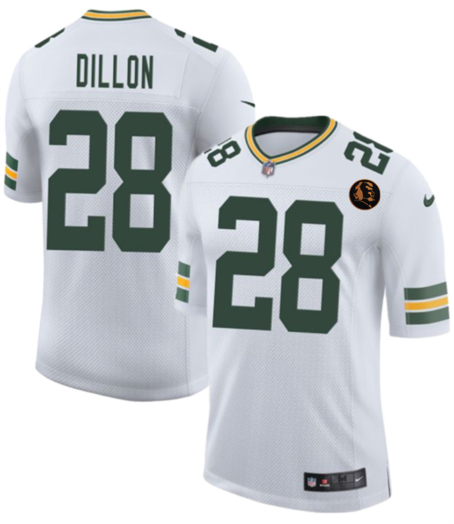 Men's Green Bay Packers #28 A. J. Dillon White 2025 New With John Madden Patch Vapor Untouchable Limited Stitched Football Jersey