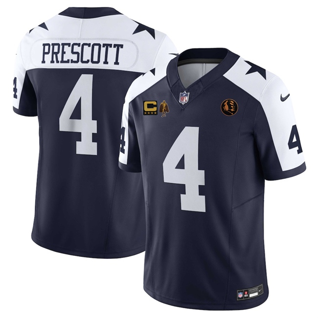Men's Dallas Cowboys #4 Dak Prescott Navy 2025 F.U.S.E. With John Madden Patch, Walter Payton Patch And 4-Star C Patch Thanksgiving Vapor Limited Stitched Football Jersey