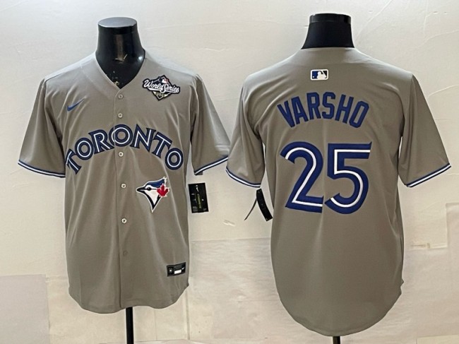 Men's Toronto Blue Jays #25 Daulton Varsho Grey 2025 World Series Cool Base Stitched Baseball Jersey