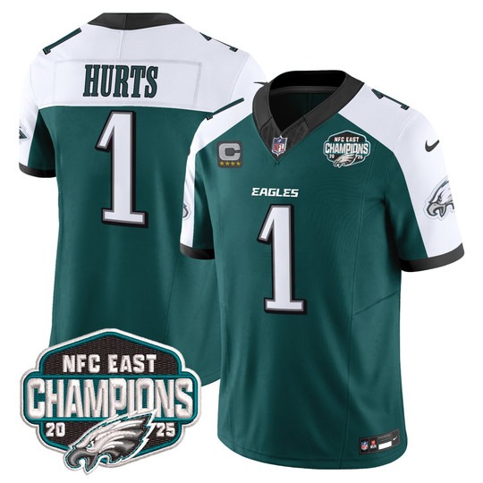 Men's Philadelphia Eagles #1 Jalen Hurts Green White F.U.S.E. 2025 NFC East Division Champions Vapor Limited Stitched Jersey