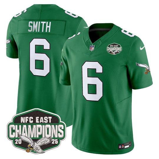 Men's Philadelphia Eagles #6 DeVonta Smith Kelly Green F.U.S.E. 2025 NFC East Division Champions Vapor Limited Stitched Jersey