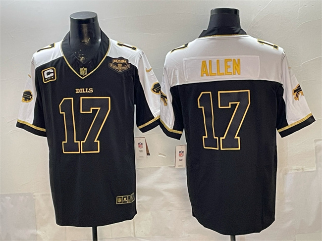 Men's Buffalo Bills #17 Josh Allen Black Gold 2025 F.U.S.E. With Farewell Patch & 4-Star C Patch Vapor Limited Stitched Football Jersey