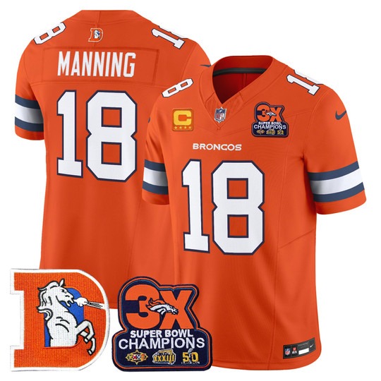 Men's & Women's & Youth Denver Broncos #18 Peyton Manning Orange F.U.S.E. 3-Time Champions Throwback Vapor Limited Stitched Jersey