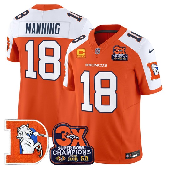 Men's & Women's & Youth Denver Broncos #18 Peyton Manning Orange White  F.U.S.E. 3-Time Champions Throwback Vapor Limited Stitched Jersey