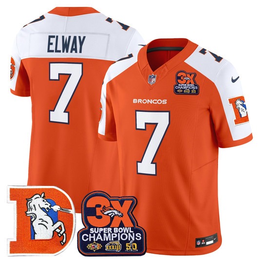 Men's & Women's & Youth Denver Broncos #7 John Elway Orange White F.U.S.E. 3-Time Champions Throwback Vapor Limited Stitched Jersey