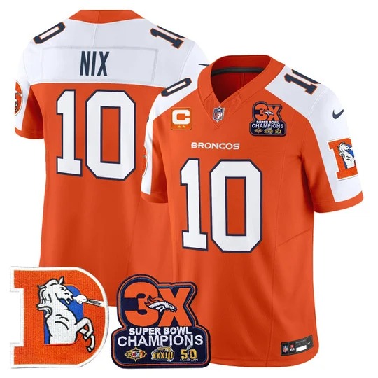 Men's & Women's & Youth Denver Broncos #10 Bo Nix Orange White F.U.S.E. 3-Time Champions Throwback Vapor Limited Stitched Jersey