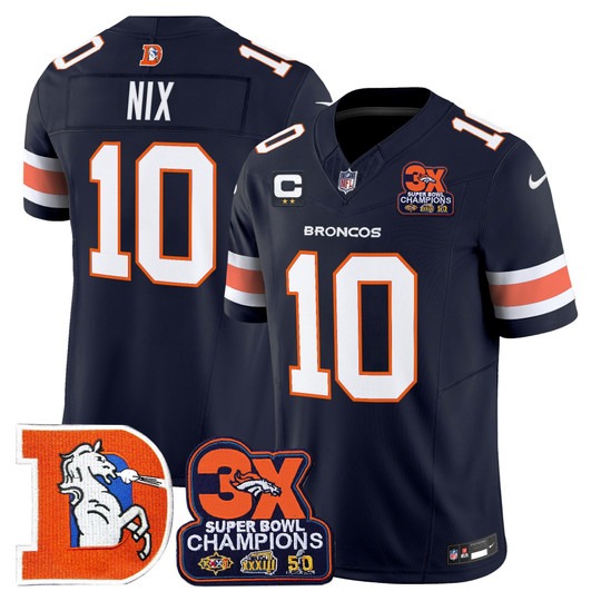 Men's & Women's & Youth Denver Broncos #10 Bo Nix Navy F.U.S.E. 3-Time Champions Throwback Vapor Limited Stitched Jersey