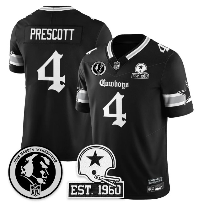 Men's Dallas Cowboys #4 Dak Prescott Black 'Gothic John Madden Patch Vapor Limited Stitched Jersey
