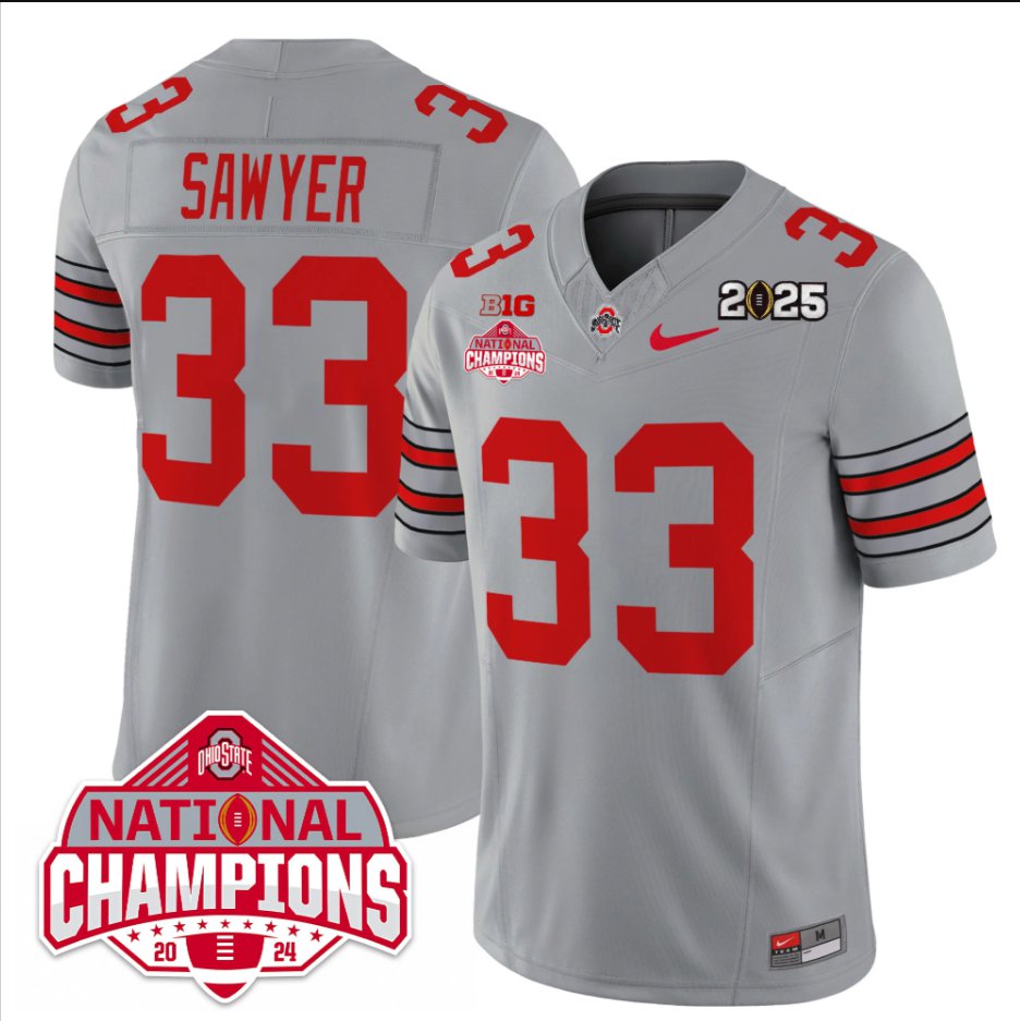 Men's Jack Sawyer Jersey #33 Ohio State 2025 CFP Patch National Champions Gray