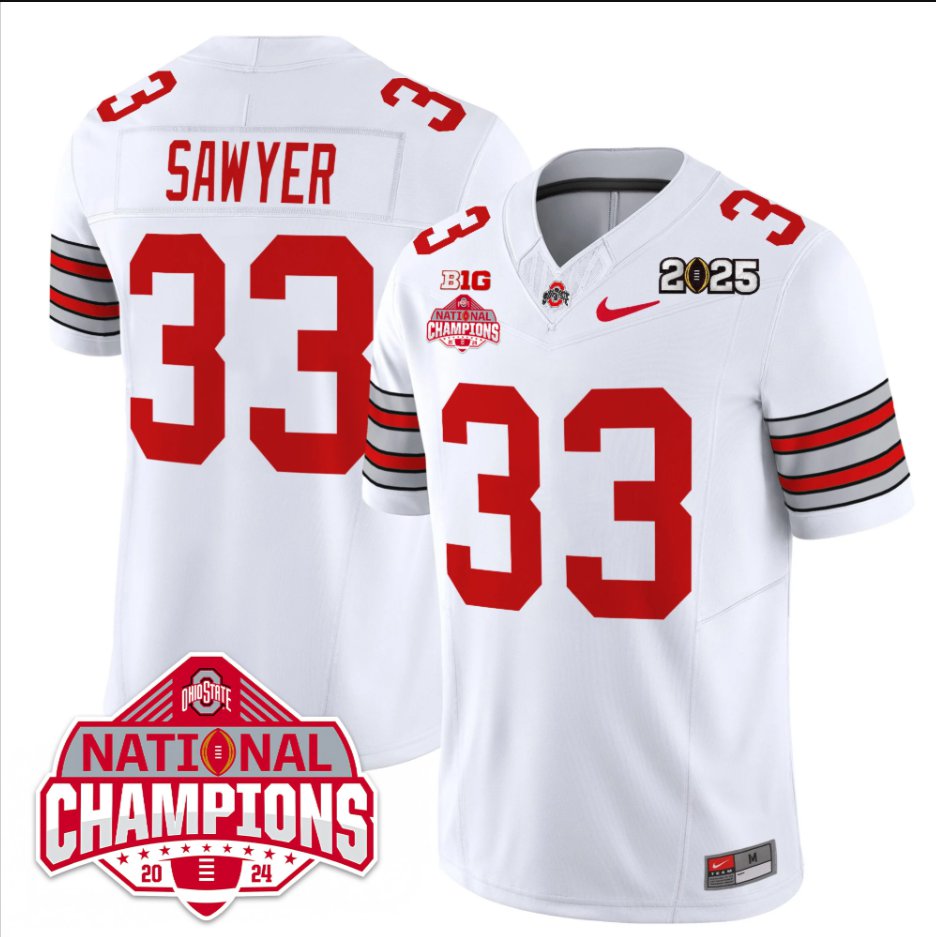 Men's Jack Sawyer Jersey #33 Ohio State 2025 CFP Patch National Champions White