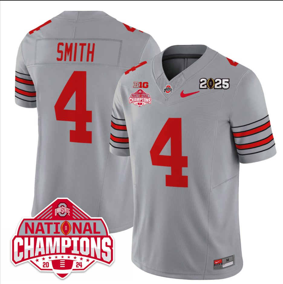 Men's Jeremiah Smith Jersey #4 Ohio State 2025 CFP Patch National Champions Gray