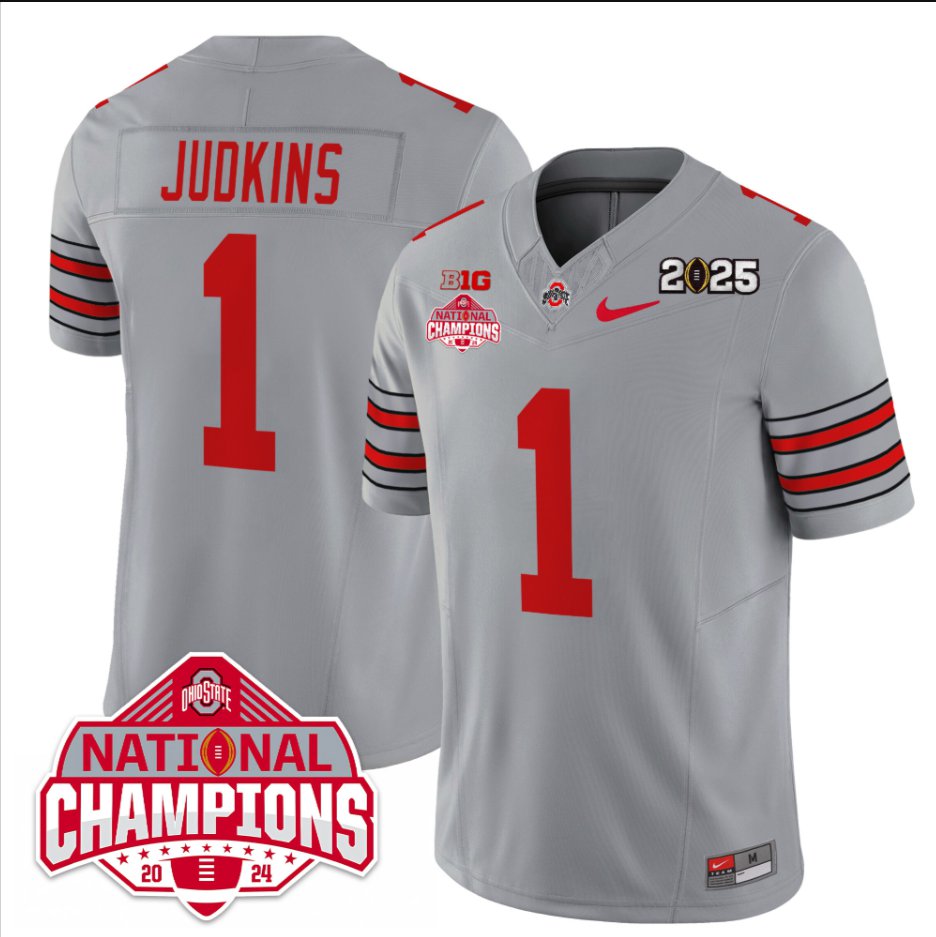 Men's Quinshon Judkins Jersey #1 Ohio State 2025 CFP Patch National Champions Gray