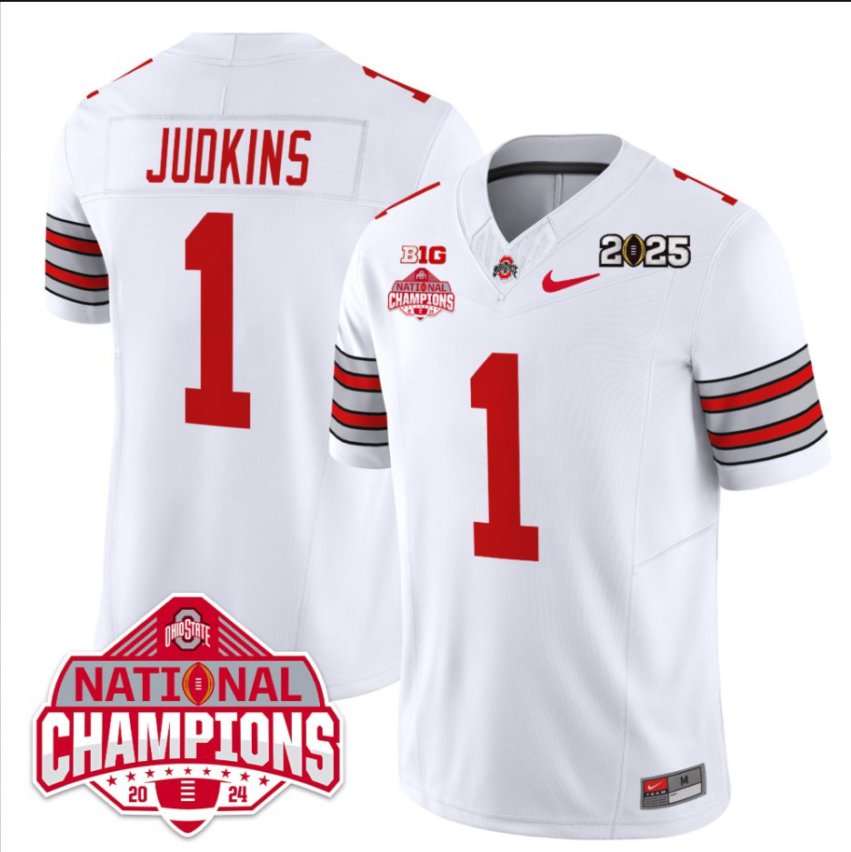 Men's Quinshon Judkins Jersey #1 Ohio State 2025 CFP Patch National Champions White