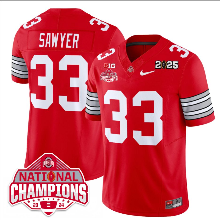 Men's Jack Sawyer Jersey #33 Ohio State 2025 CFP Patch National Champions Red