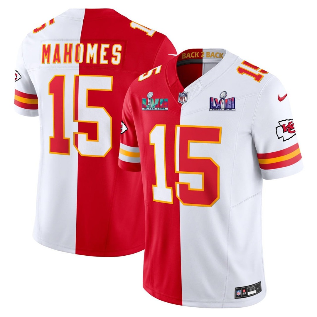 Men's & Women's & Youth Kansas City Chiefs #15 Patrick Mahomes Split Red White With LVII LVIII Super Bowl Patch Back 2 Back F.U.S.E. Stitched Jersey