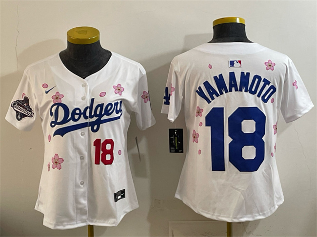 Women's Los Angeles Dodgers #18 Yoshinobu Yamamoto White 2025 World Series Champions Patch Tokyo Series Limited Stitched Baseball Jersey(Run Small)
