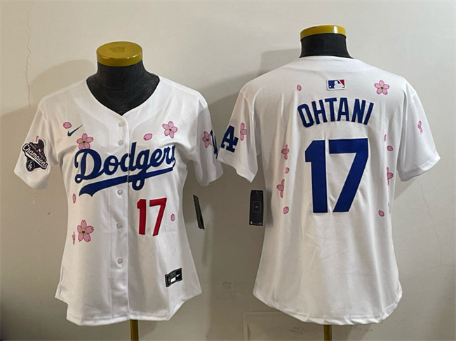 Women's Los Angeles Dodgers #17 Shohei Ohtani White 2025 World Series Champions Patch Tokyo Series Limited Stitched Baseball Jersey(Run Small)