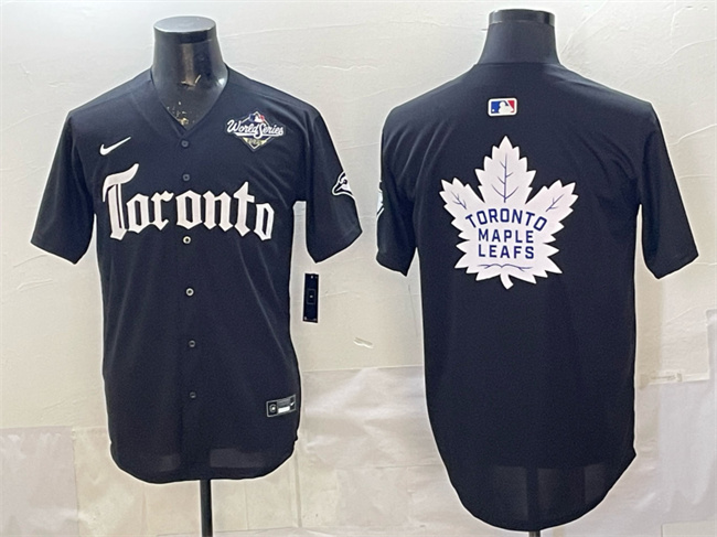 Men's Toronto Blue Jays & Leafs Black 2025 World Series With White Leafs Logo Gothic North Edition Limited Stitched Baseball Jersey