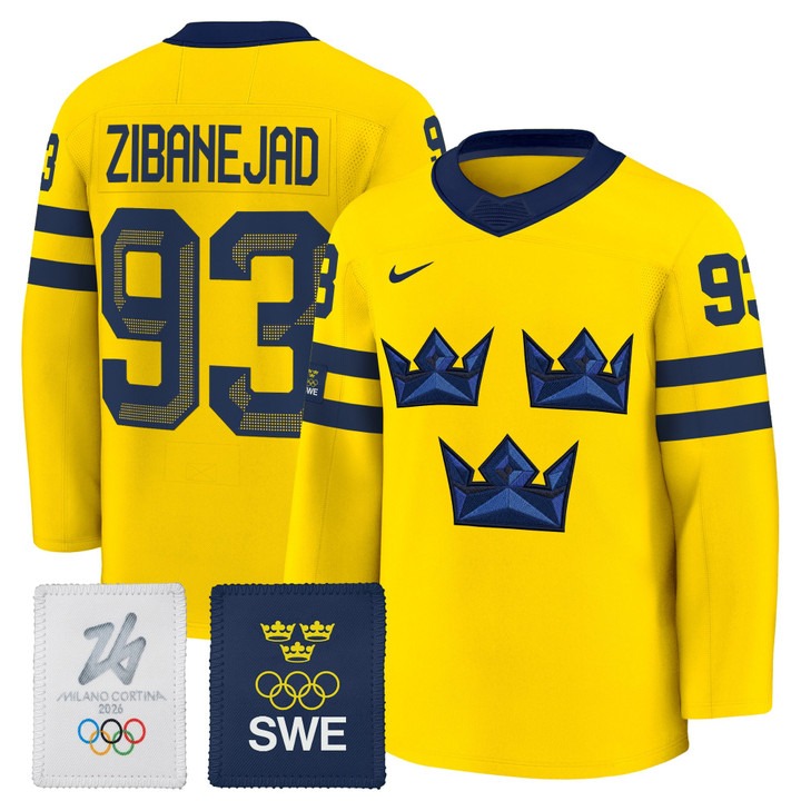 Men's Sweden Hockey 2026 Olympic #93 Mika Zibanejad Gold Nike Premium Stitched Jersey