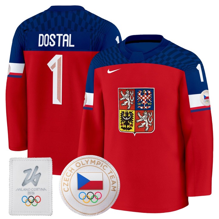 Men's Czechia Hockey 2026 Olympic #1 Lukas Dostal Red Premium Nike Stitched Jersey