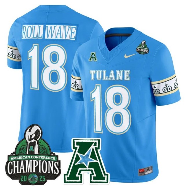 Men's & Women's & Youth Tulane Green Wave #18 ROLL WAVE 'City Edition' 2025 AAC Champions Patch F.U.S.E. Vapor Limited Stitched Jersey Blue