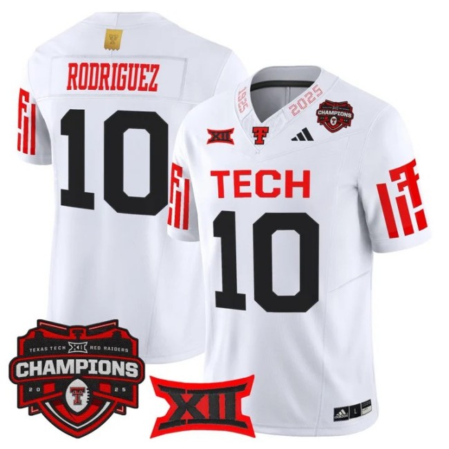 Men's & Women's & Youth Texas Tech Red Raiders #10 Jacob Rodriguez 2025 Big 12 Champions F.U.S.E. Vapor Limited Stitched Jersey White