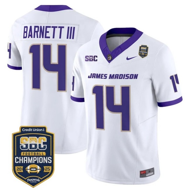 Men's & Women's & Youth James Madison Dukes #14 Alonza Barnett III 2025 SBC Champions F.U.S.E. Vapor Limited Stitched football Jersey White