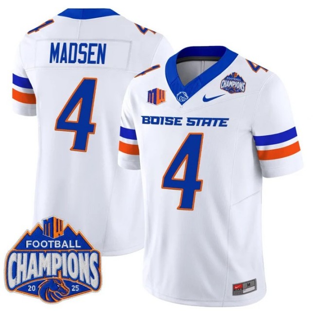 Men's & Women's & Youth Boise State Broncos #4 Maddux Madsen 2025 Mountain West Football Champions F.U.S.E. Vapor Limited Stitched Jersey White