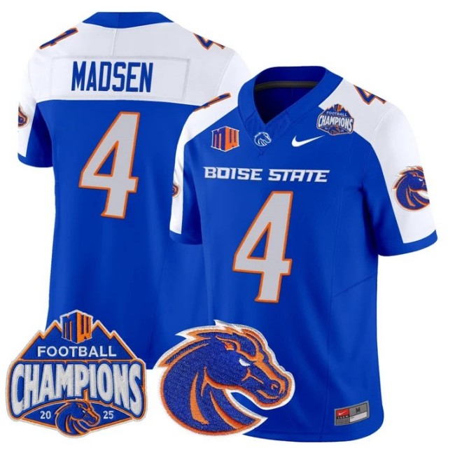 Men's & Women's & Youth Boise State Broncos #4 Maddux Madsen 2025 Mountain West Football Champions F.U.S.E. Vapor Limited Stitched Jersey Royal Alternate