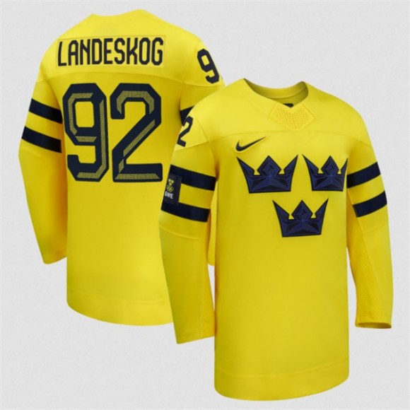 Men's Sweden Hockey #92 Gabriel Landeskog Yellow 2026 Away Stitched Jersey