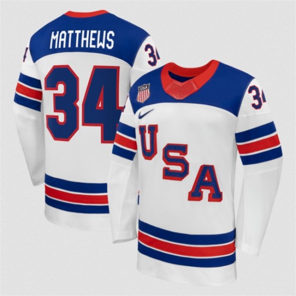 Men's USA Hockey #34 Auston Matthews White 2026 Nike Stitched Jersey