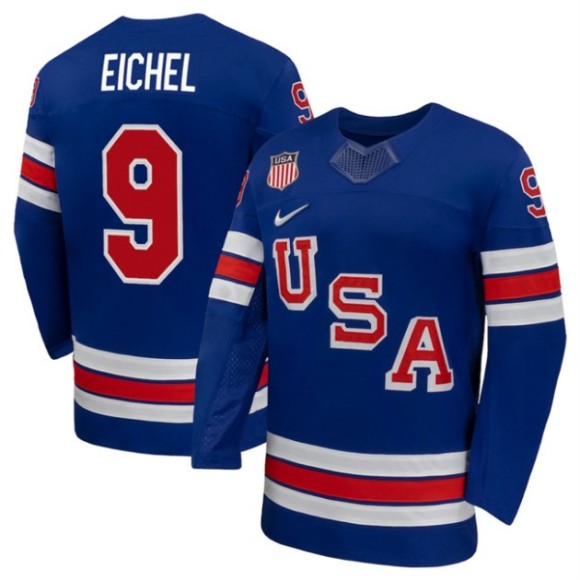 Men's USA Hockey #9 Jack Eichel Royal 2026 Nike Stitched Jersey
