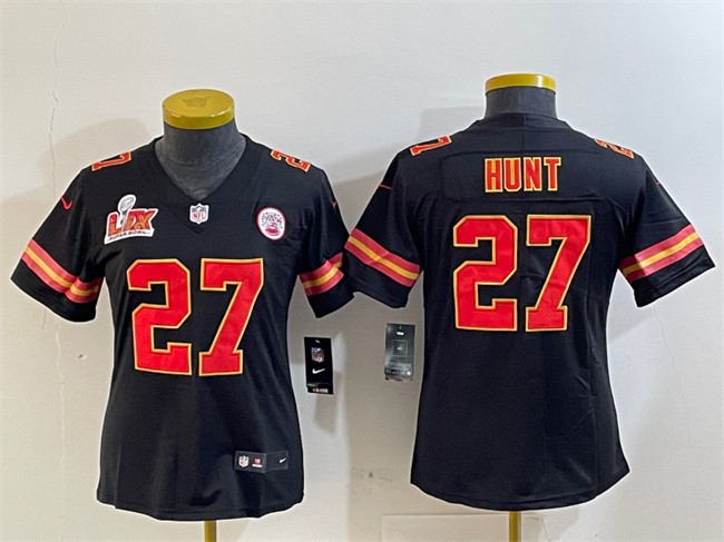 Youth Kansas City Chiefs #27 Kareem Hunt Black 2025 Super Bowl LIX Patch Vapor Untouchable Limited Stitched Football Jersey