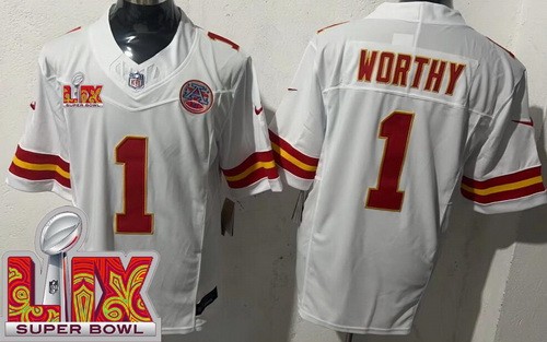 Men's Kansas City Chiefs #1 Xavier Worthy Nike Limited White Super Bowl LIX FUSE Vapor NFL Stitched Jersey