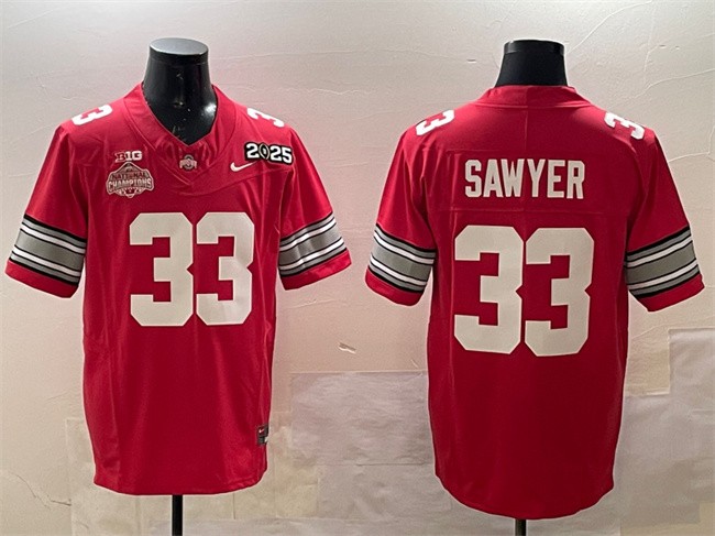 Men's Ohio State Buckeyes #33 Jack Sawyer Red 2025 CFP Final With National Champions Patch F.U.S.E. Vapor Limited Stitched Football Jersey