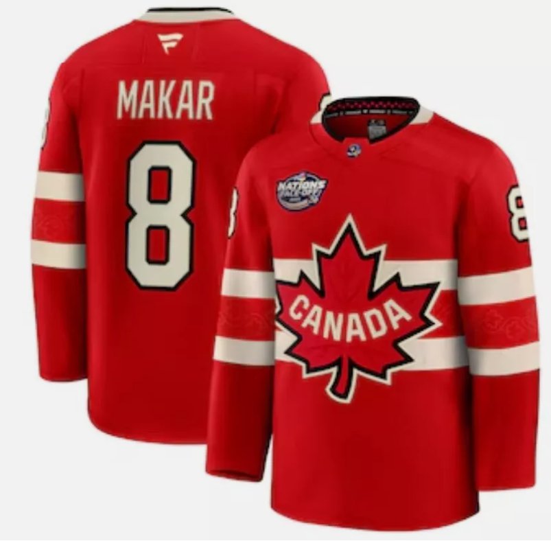 Men's Canada #8 Cale Makar Red 2025 4 Nations Face-Off Stitched Jersey