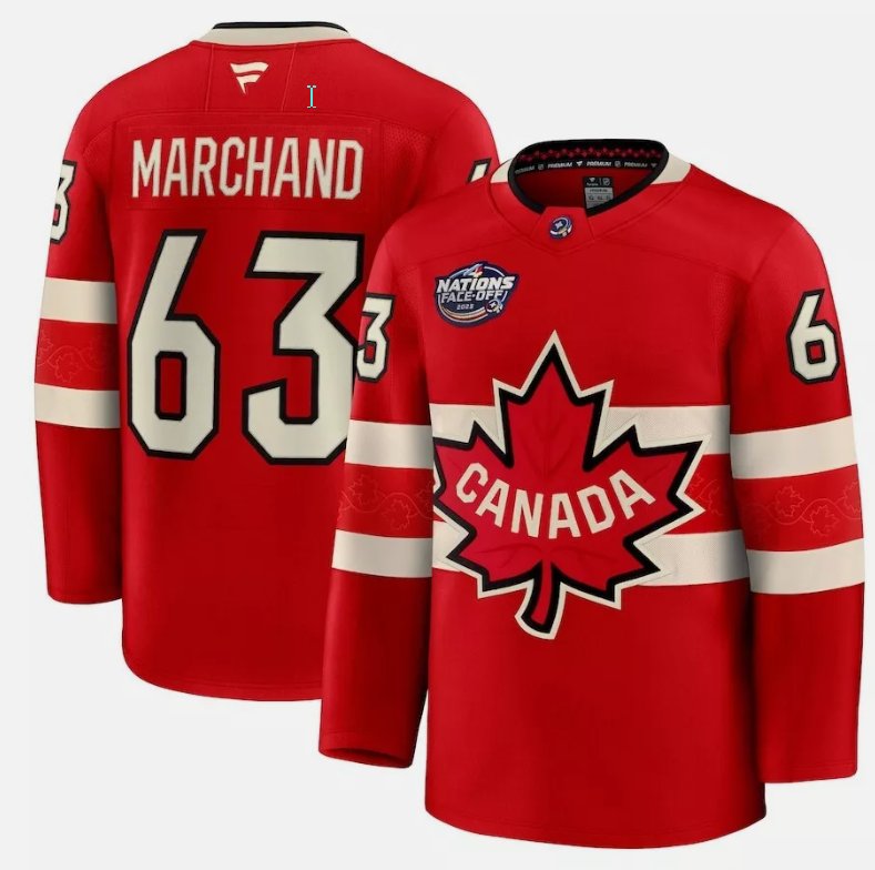 Men's Canada #63 Brad Marchand Red 2025 4 Nations Face-Off Stitched Jersey