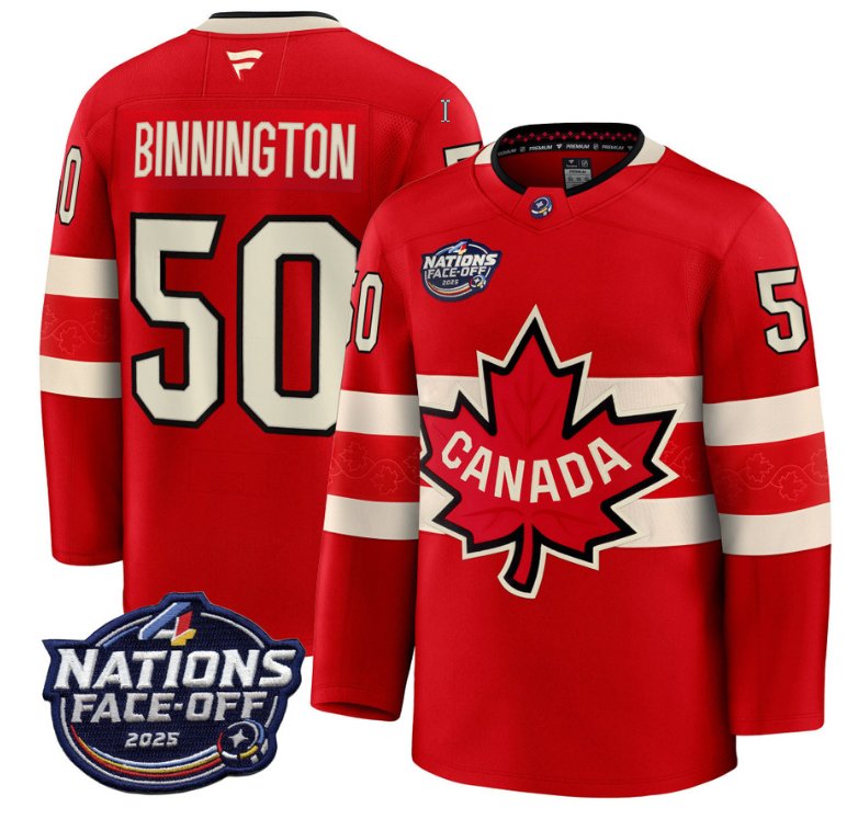 Men's Canada #50 Jordan Binnington Red 2025 4 Nations Face-Off Stitched Jersey