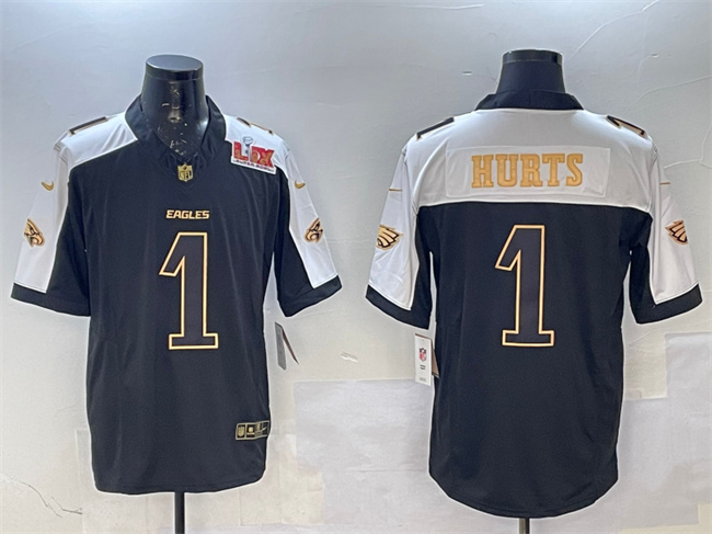 Men's Philadelphia Eagles #1 Jalen Hurts Black/Gold 2025 Super Bowl LIX Patch New F.U.S.E. Vapor Untouchable Limited Stitched Football Jersey