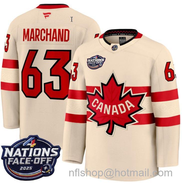 Men's Canada #63 Brad Marchand Cream 4 Nations Face-Off 2025 Stitched Jersey