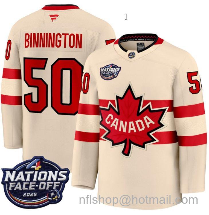 Men's Canada #50 Jordan Binnington Cream 4 Nations Face-Off 2025 Stitched Jersey