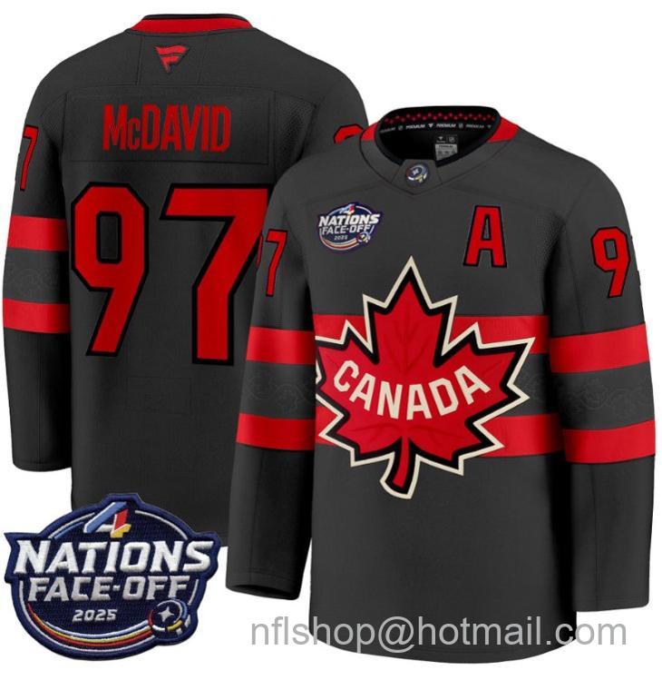 Men's Canada #97 Connor McDavid 4 Black Nations Face-Off 2025 Stitched Jersey