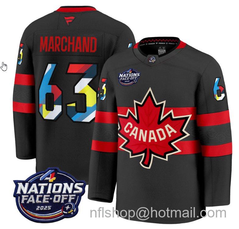 Men's Canada #63 Brad Marchand V2 Black 4 Nations Face-Off 2025 Stitched Hockey Jersey